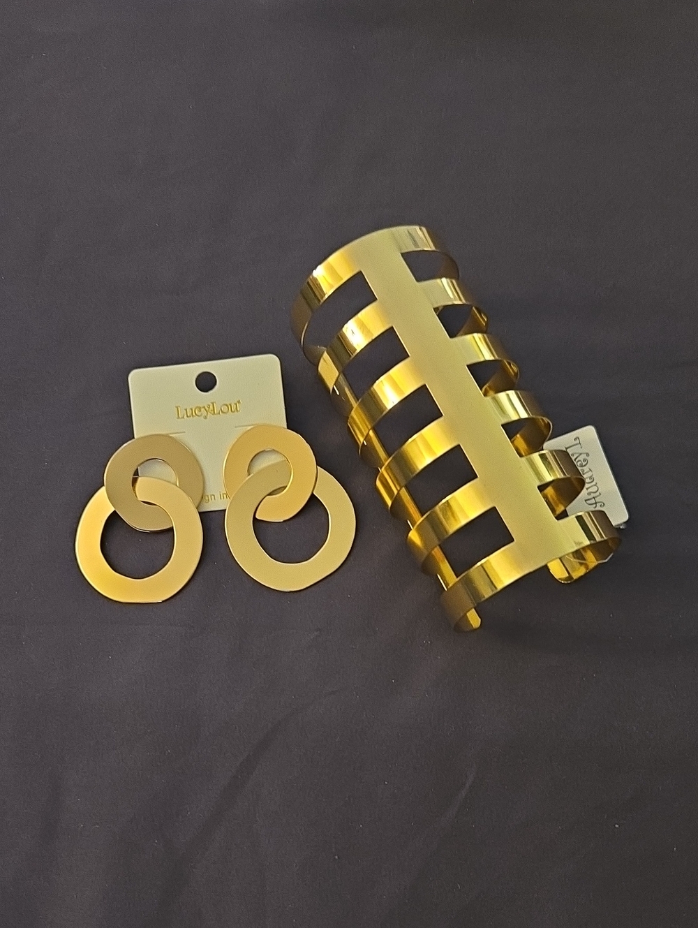 Gold Tone Hoop Earrings and Cuff Bracelet Set